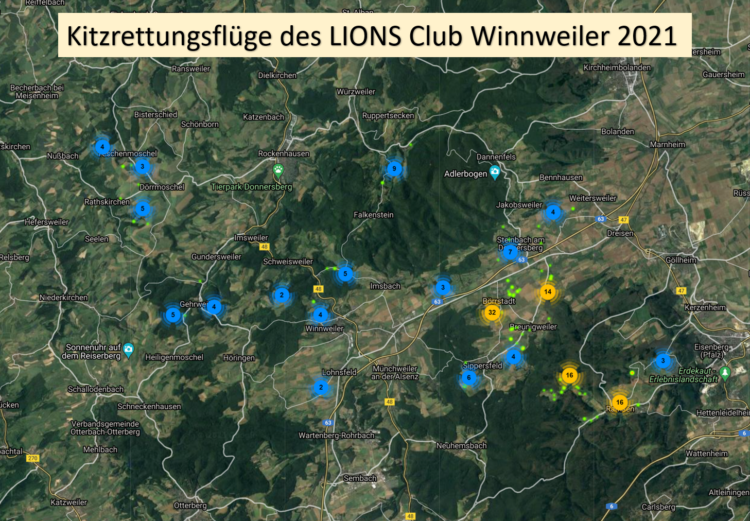 Kartendarstellung der Kitzrettungsflüge 2021